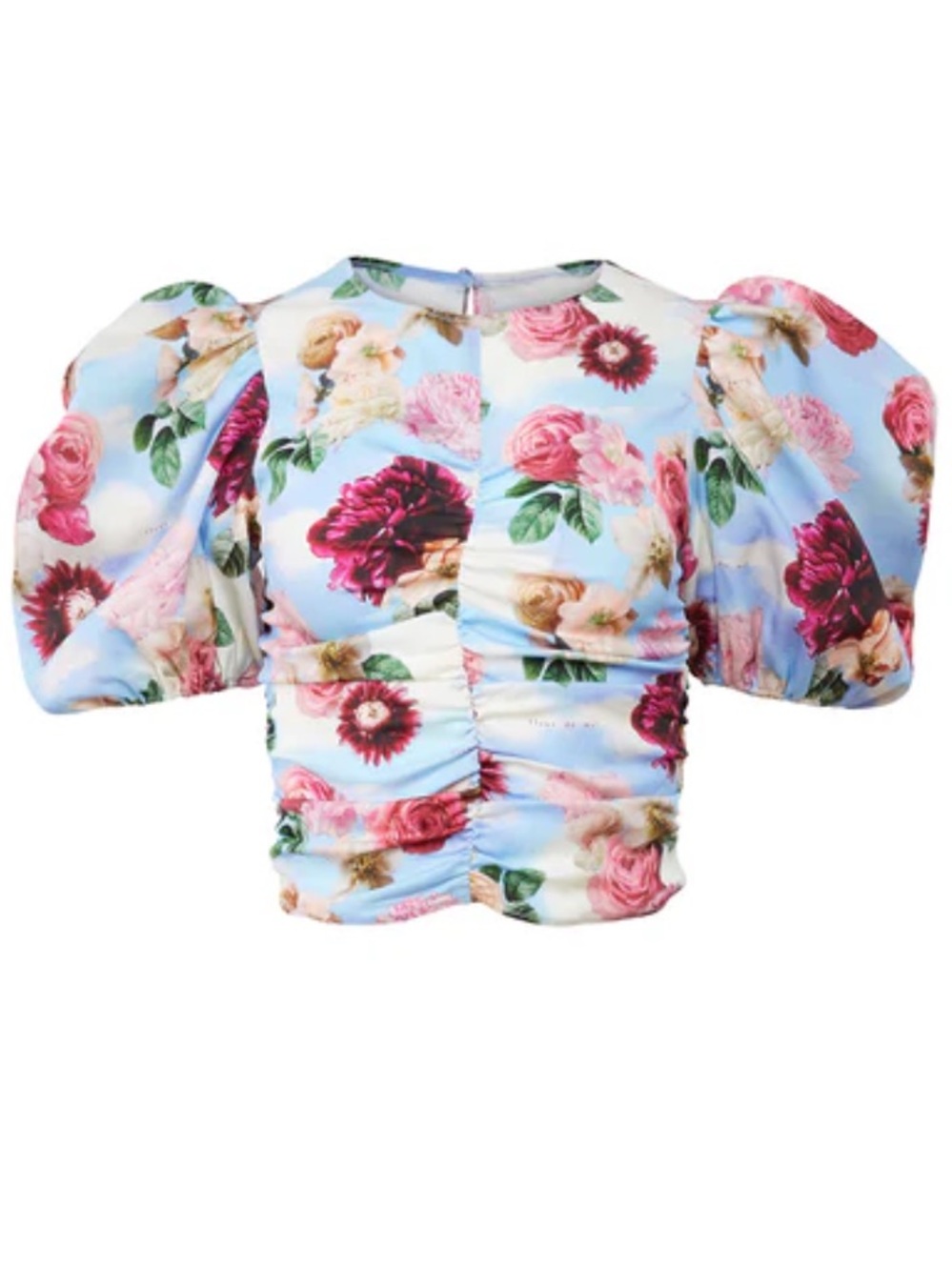 Fleur Du Mal silk satin Puff Sleeve Top sky w/ floral